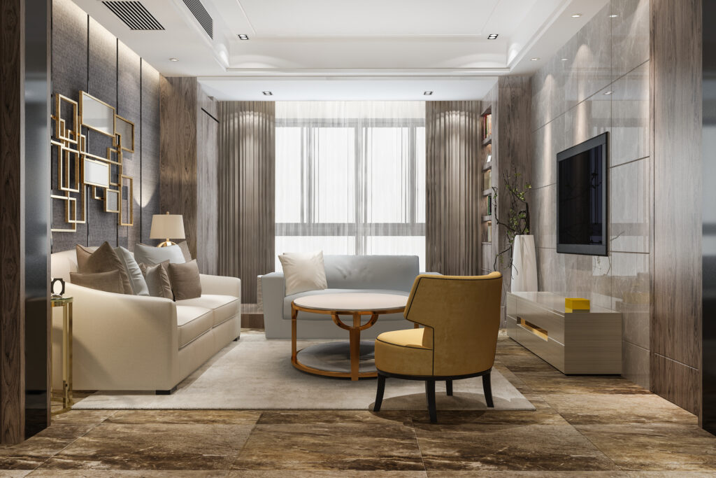 3d rendering luxury modern living room with fabric sofa