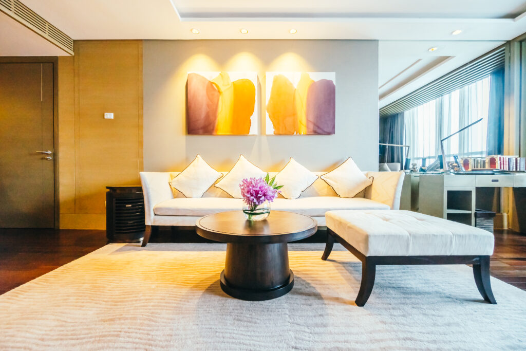 modern hotel room with illuminated pictures